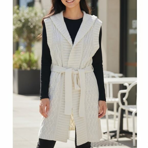 Sonoma Cable Knit Cardigan Size Medium Cream Hooded Sleeveless Tie At Waist - Picture 1 of 10